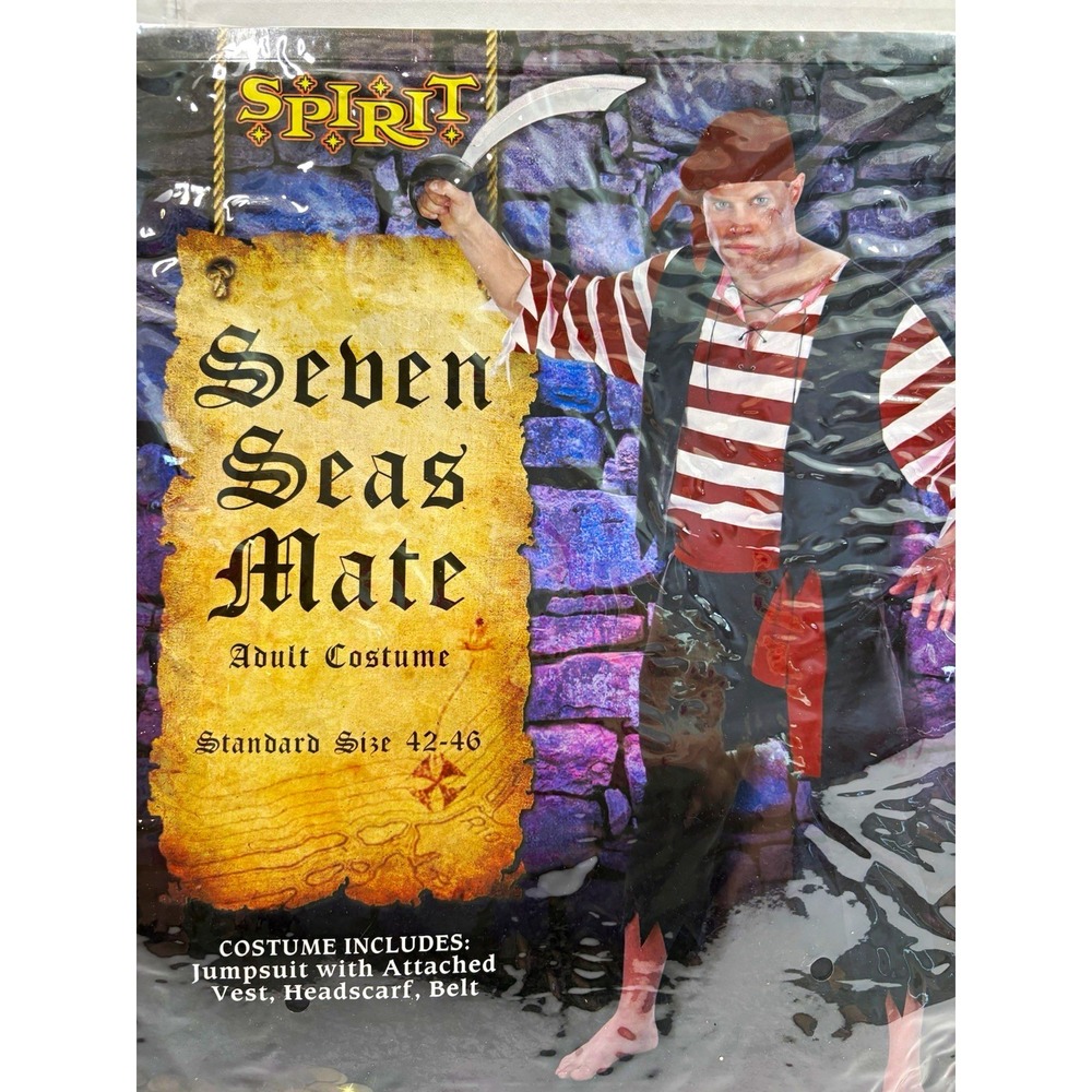 Spirit Halloween Seven Seas Mate Pirate Costume Mens Std 42-46 with Sword Belt